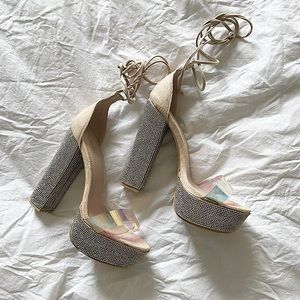 👡Nude Strappy Tie-Up Rhinestone Chunky Block Heel by Cathy Din